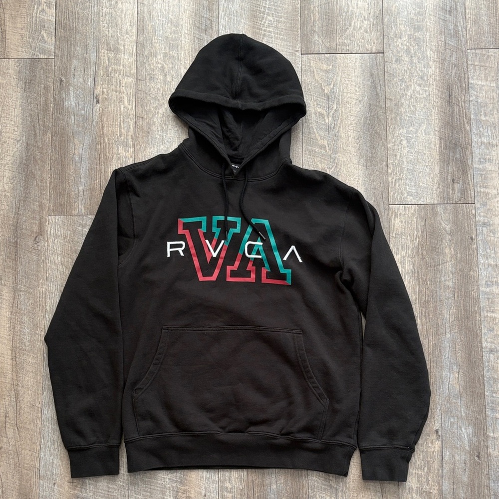 RVCA Black Hoodie with Red and Green Accents